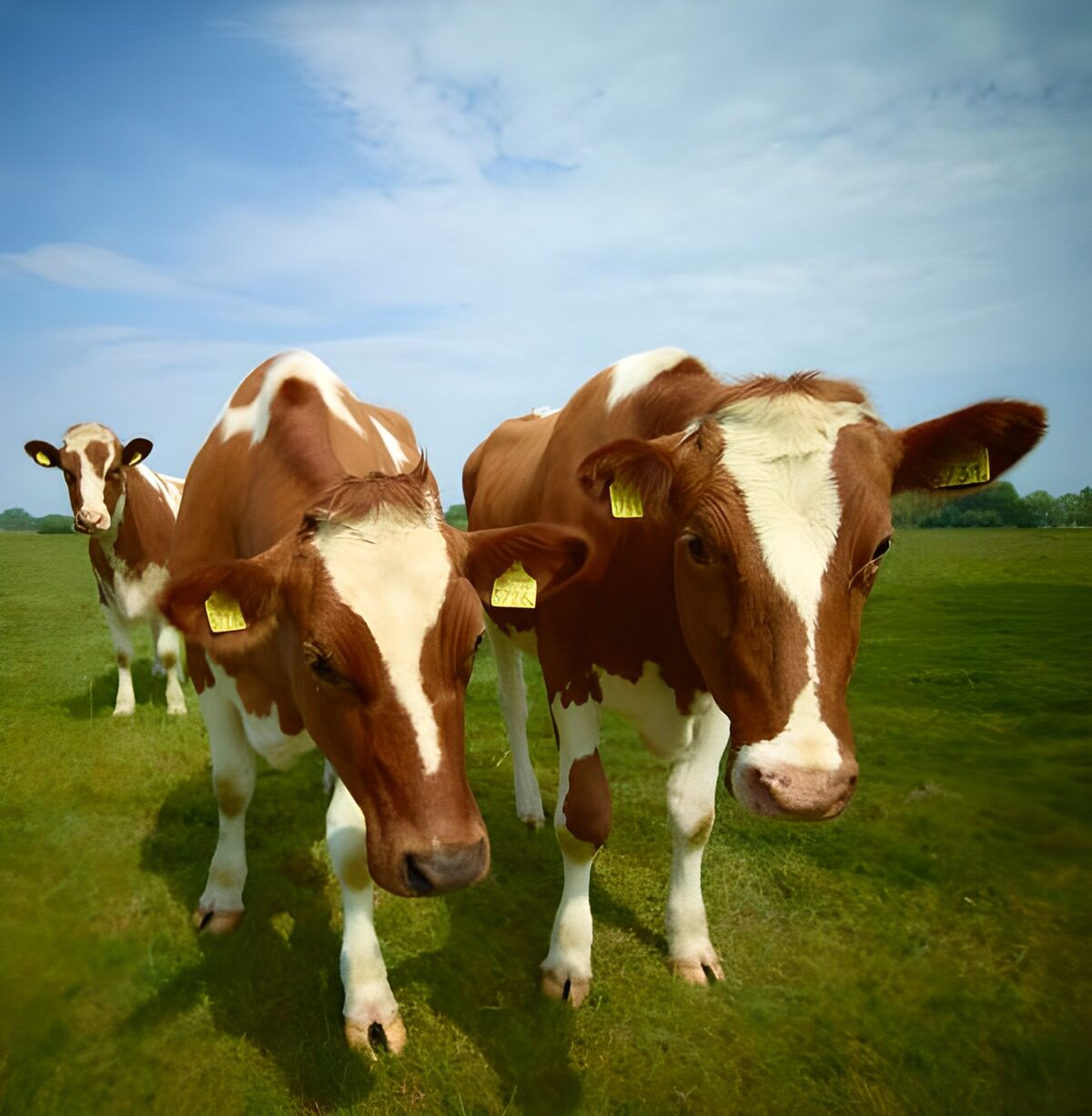 Three brown-and-white cows in the sunshine