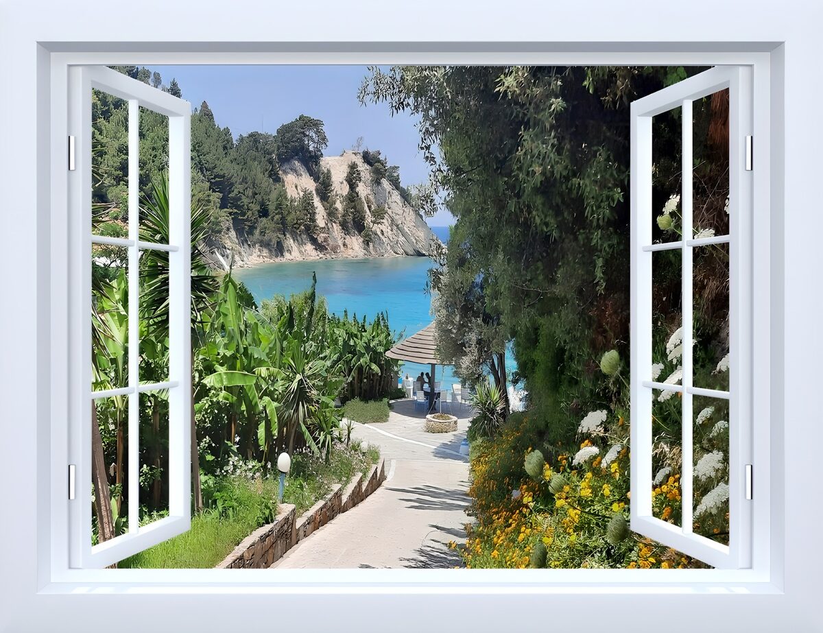 Open window onto a sunlit bay