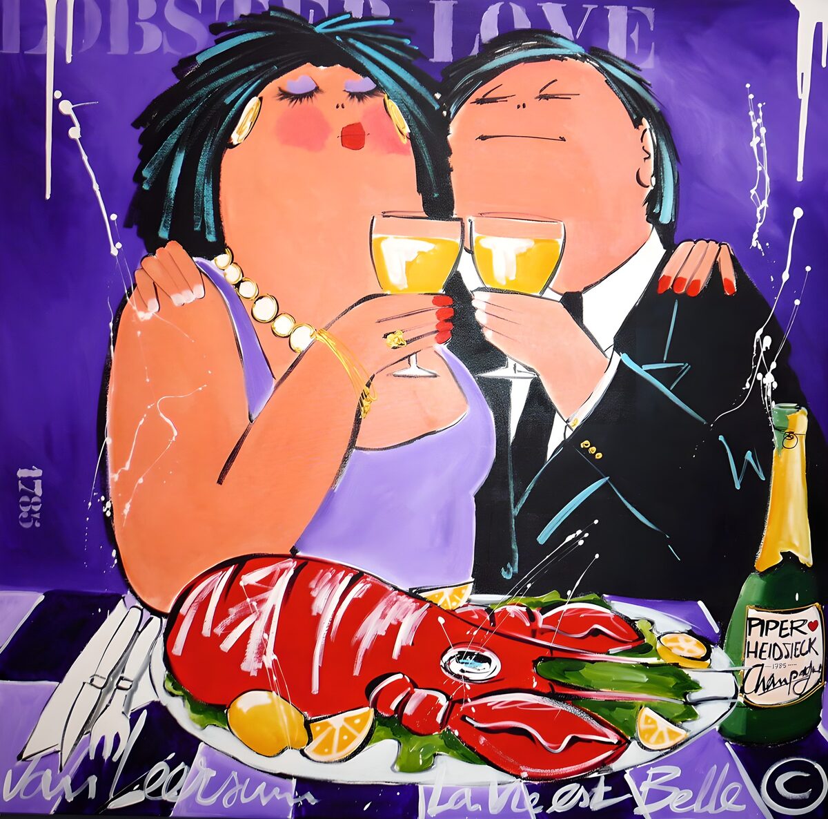 A couple toasting over lobster