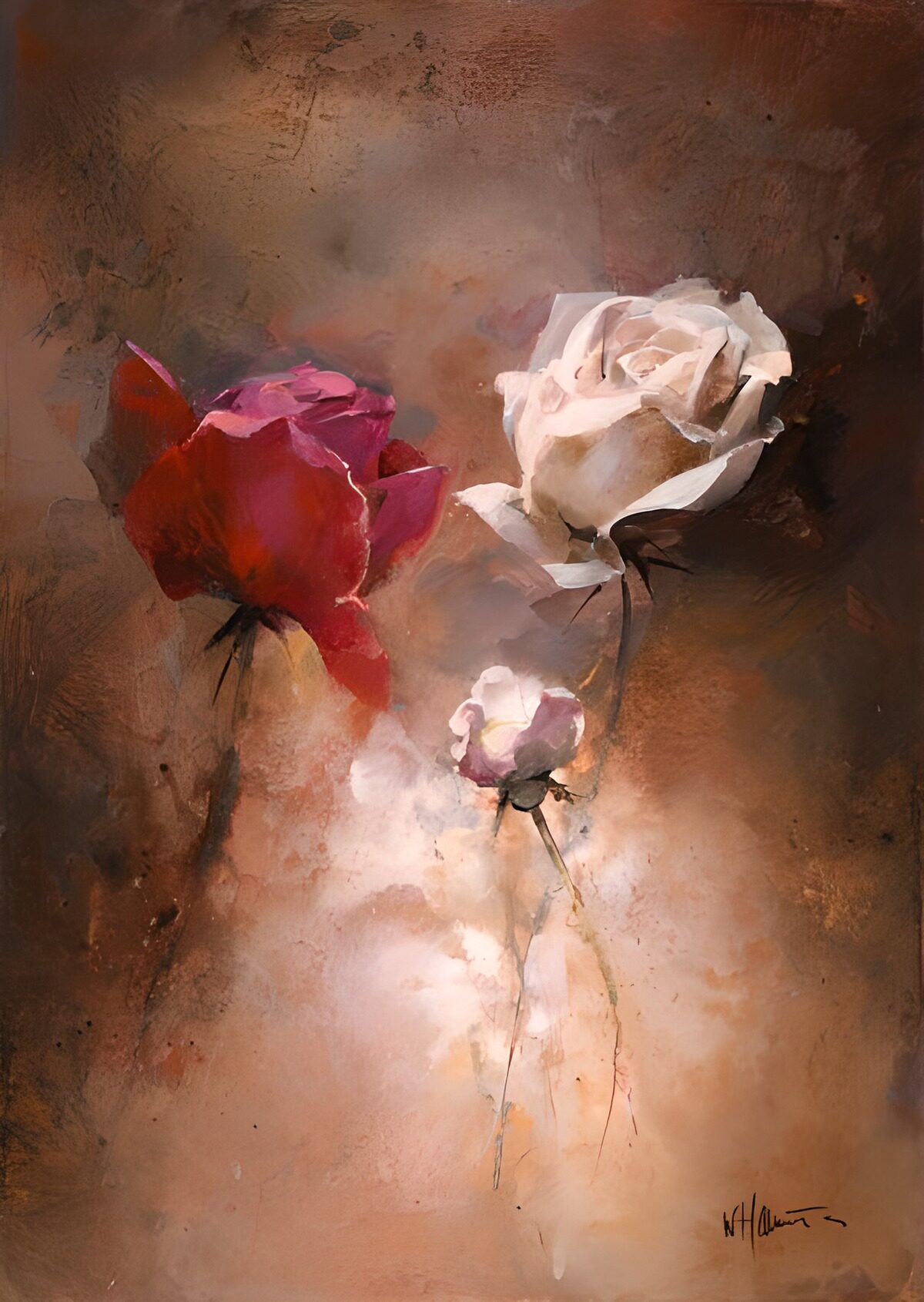 Red, white and pink roses in warm tones