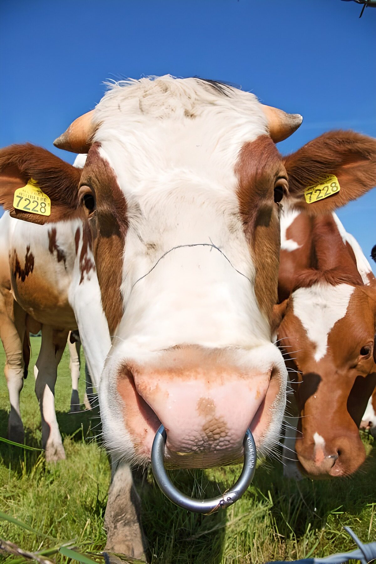 Brown-and-white cow, nose to the lens