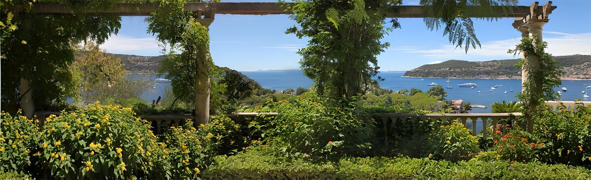 Garden terrace above a boat-filled bay