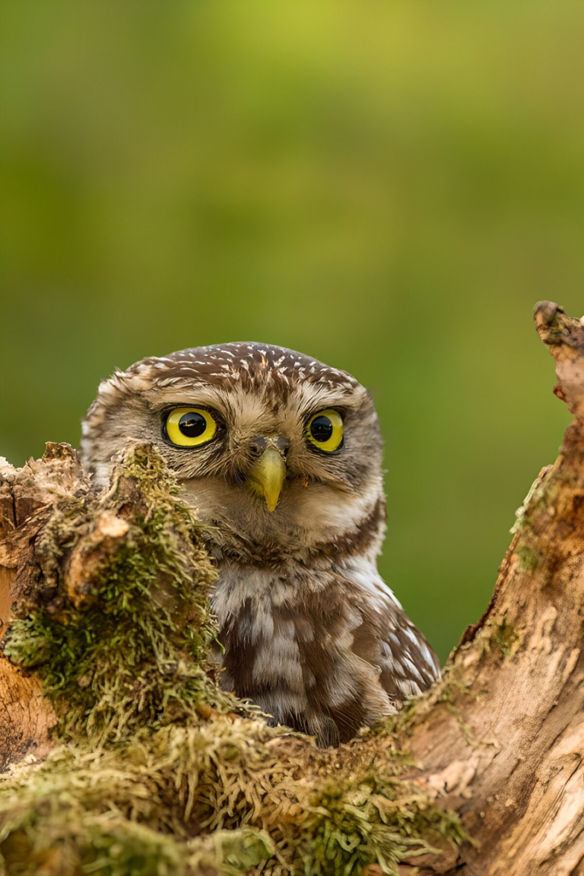 Watchful owl in a moss-covered tree
