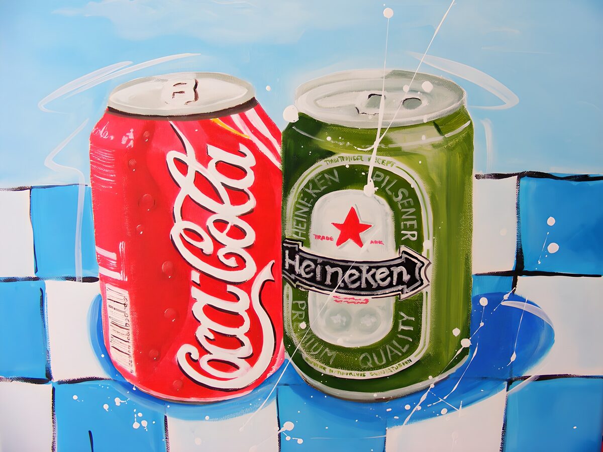 Red cola and green beer cans in bold colour