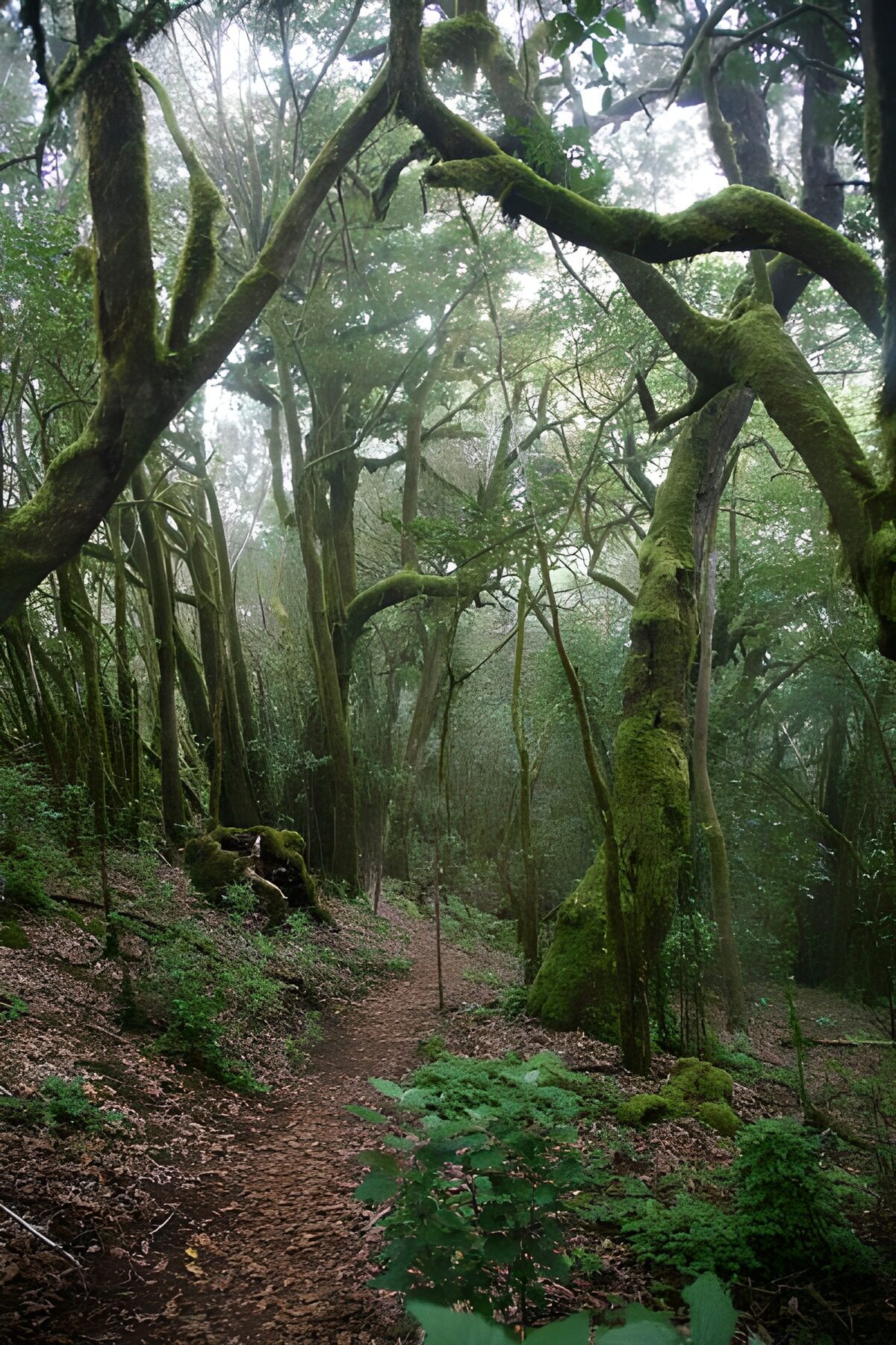 Mossy forest path in soft mist