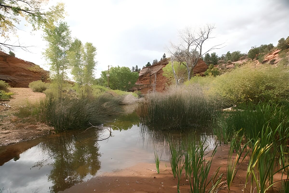 Quiet pool beneath red rock outcrops