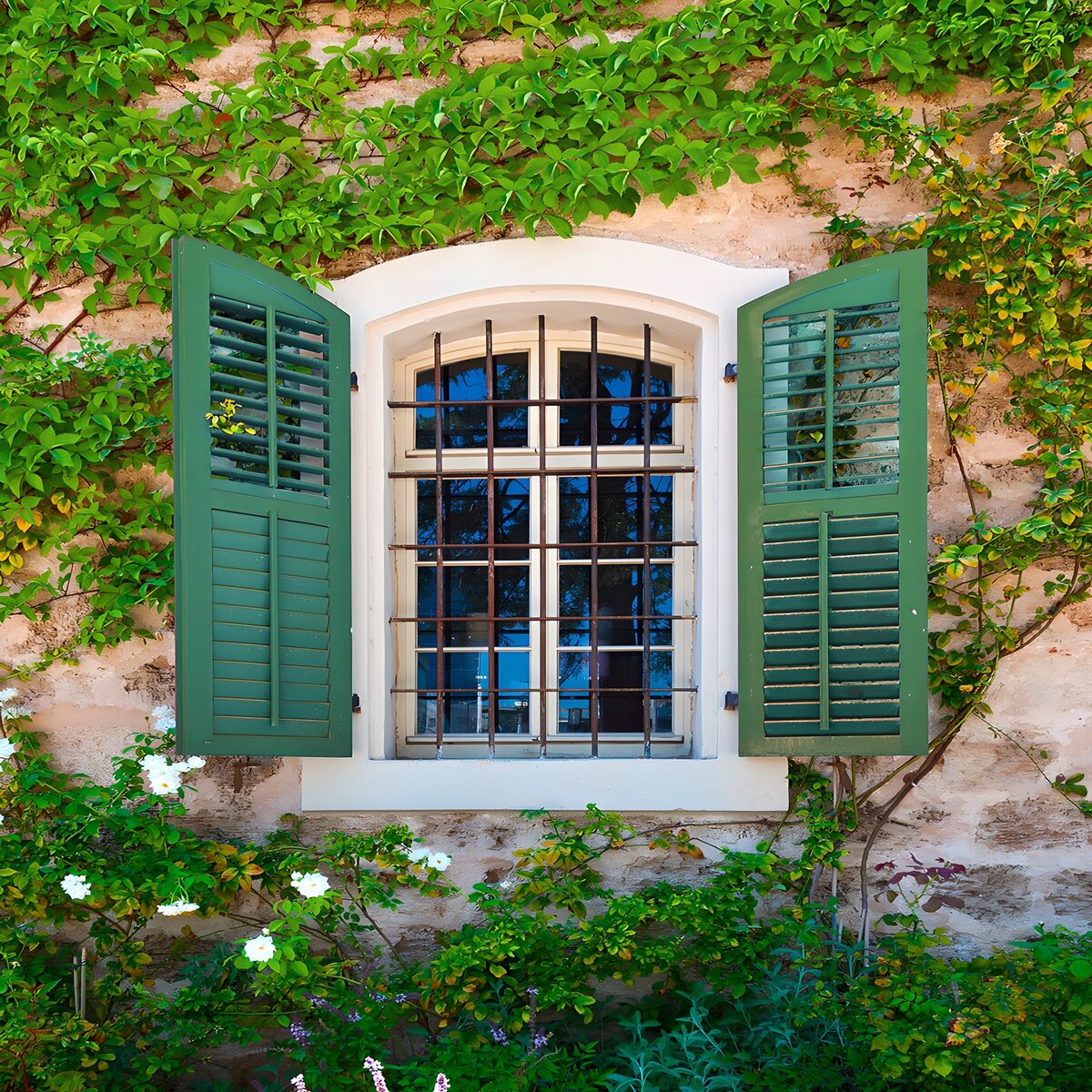 Green shutters on a leaf-covered stone wall