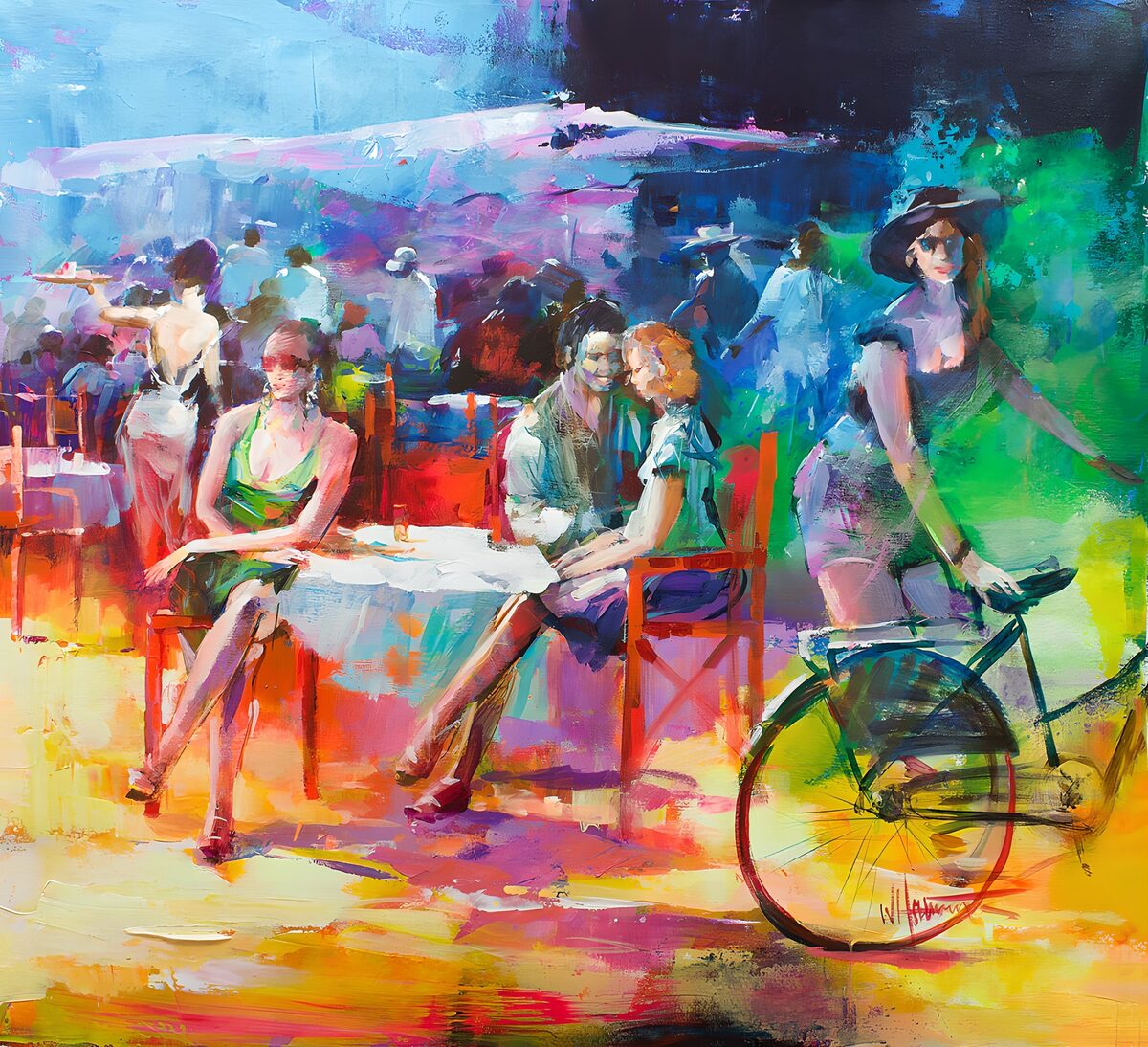 Women and a bicycle at a sunny café