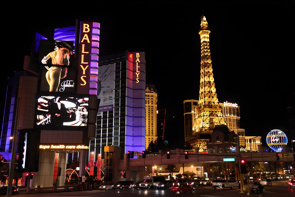 Eiffel Tower replica on the Strip at night