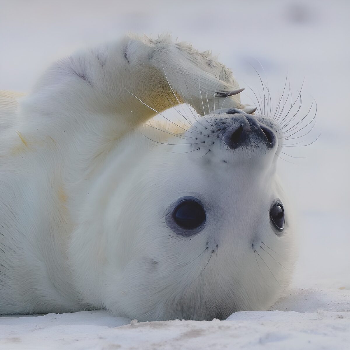 White seal pup belly-up in the snow