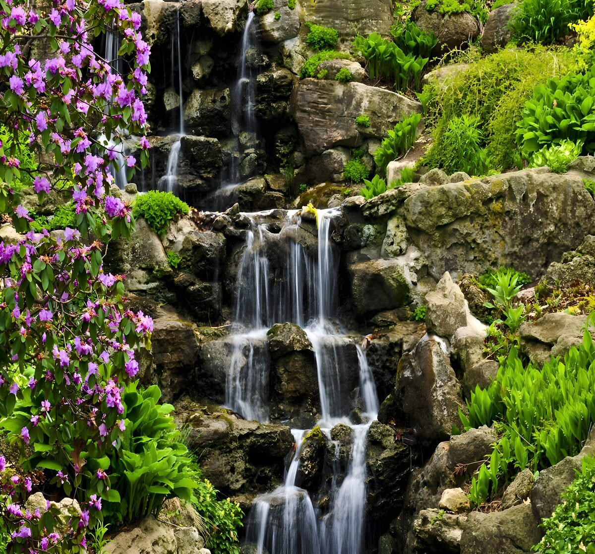 Garden waterfall with pink blossoms