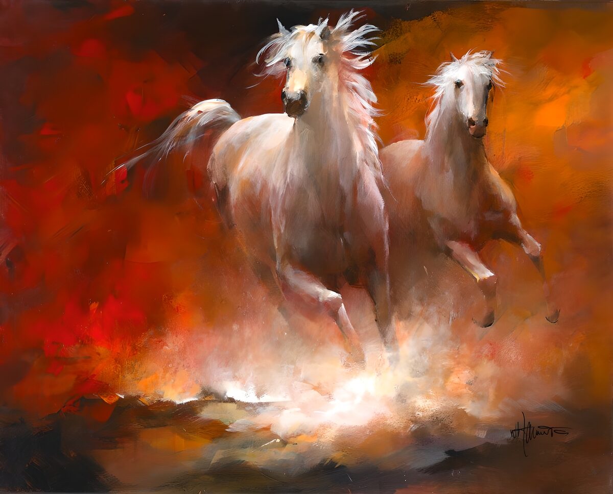Two white horses in a fiery gallop