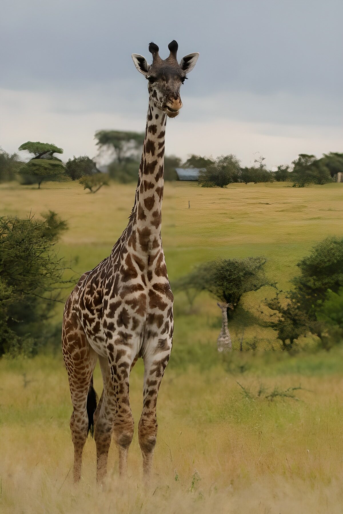 Giraffe on a quiet grassland plain