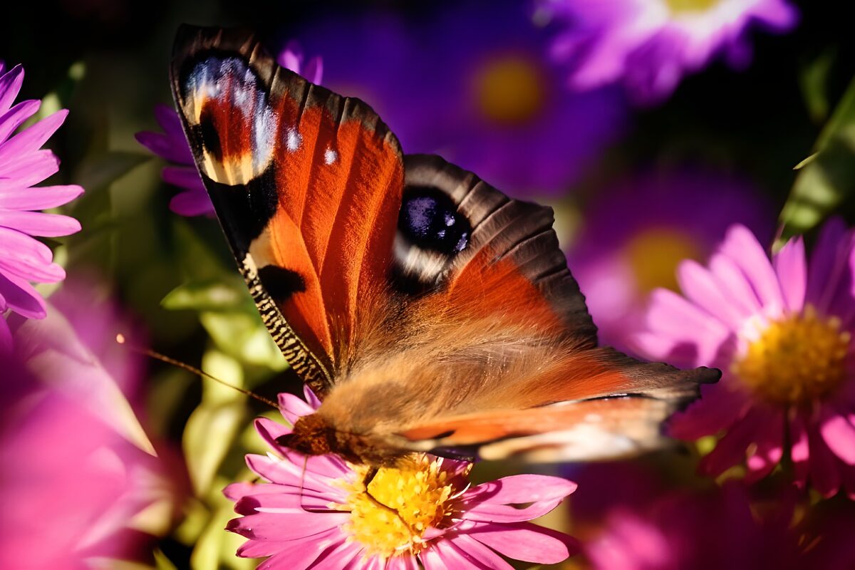 Peacock butterfly on sunlit pink petals