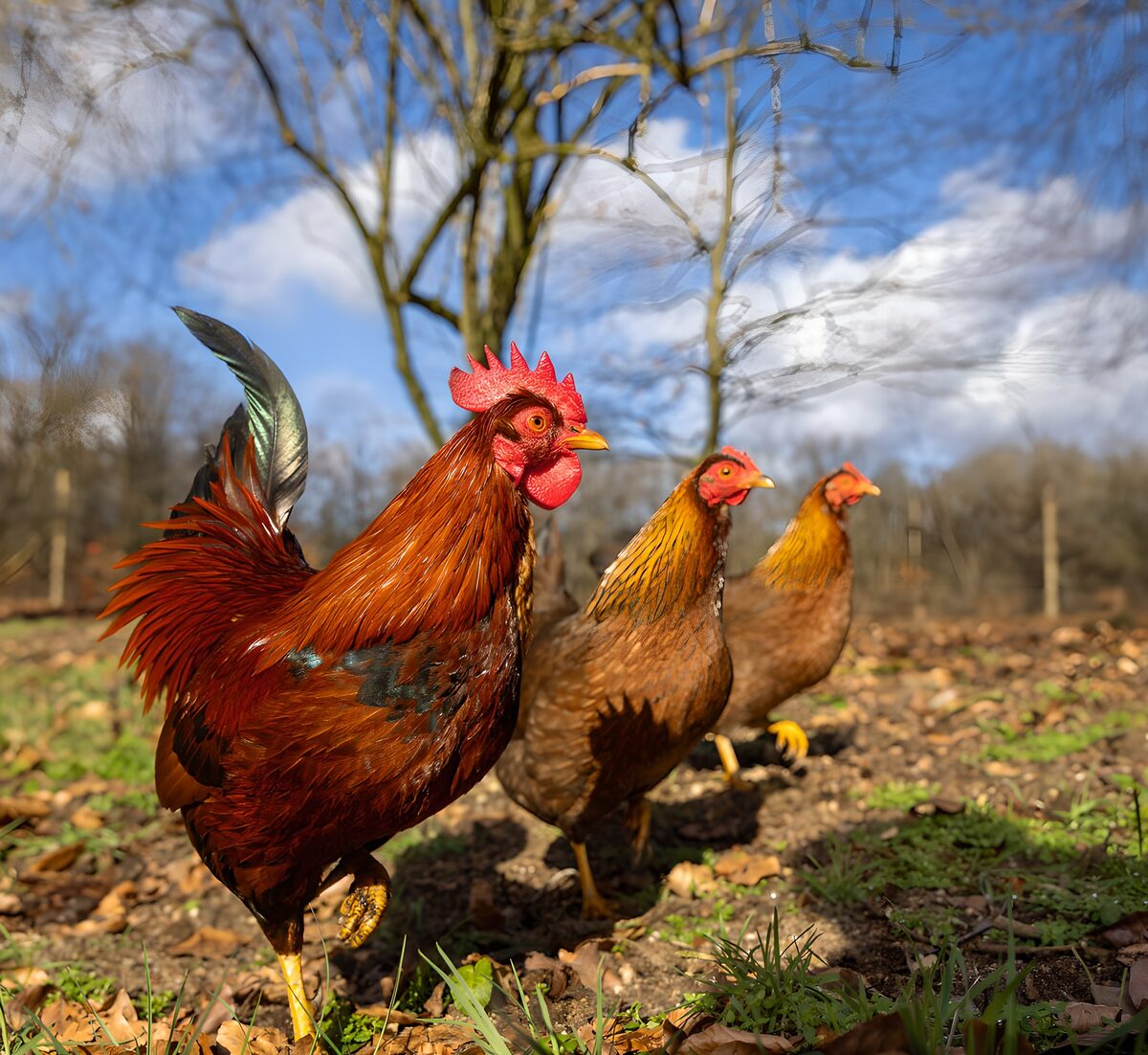Cockerel and hens in the sunshine