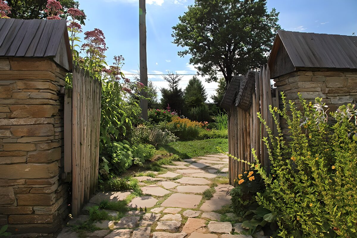 Wooden gate and a sunlit garden path