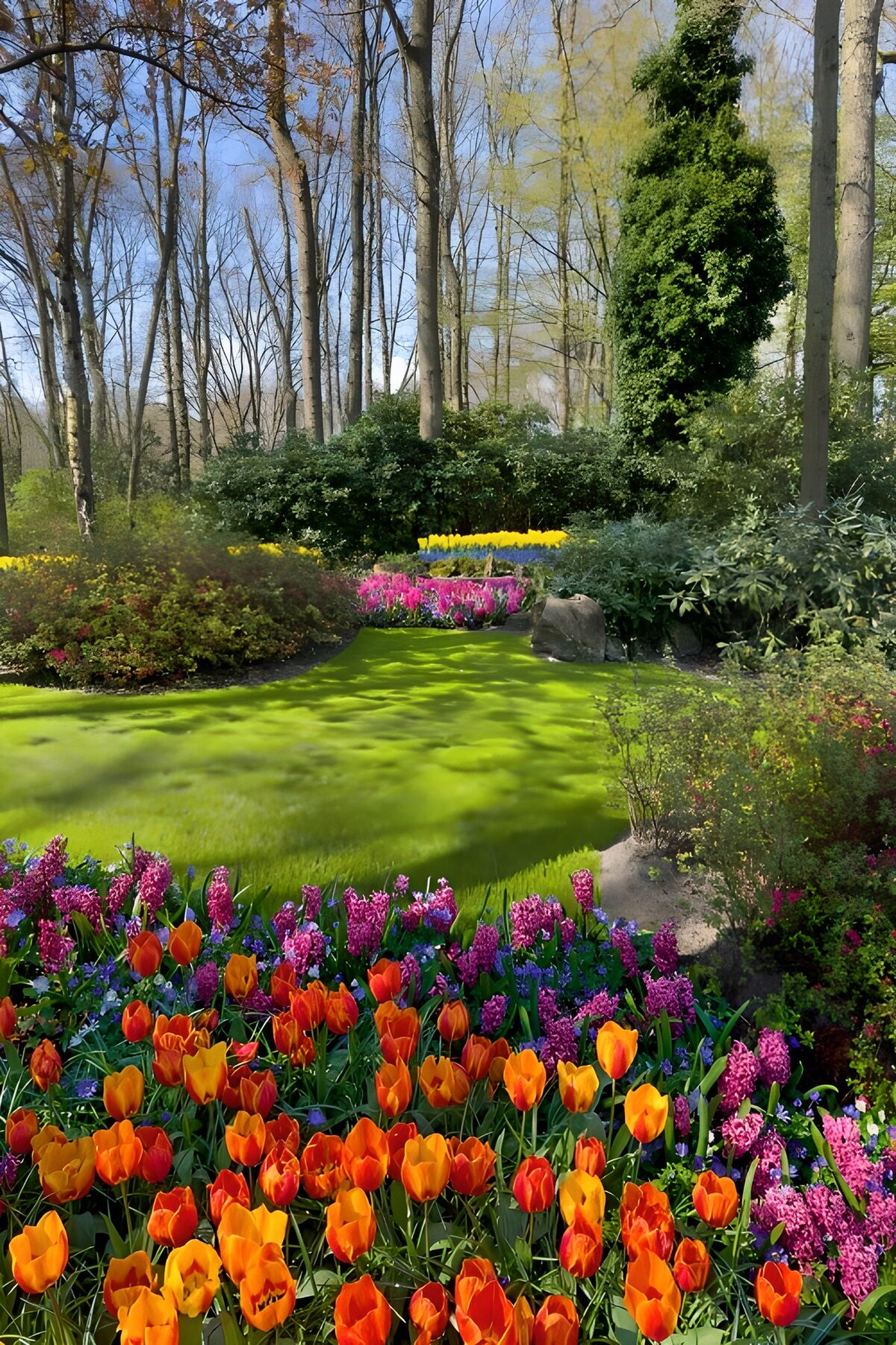 Spring weaves colour beneath the trees