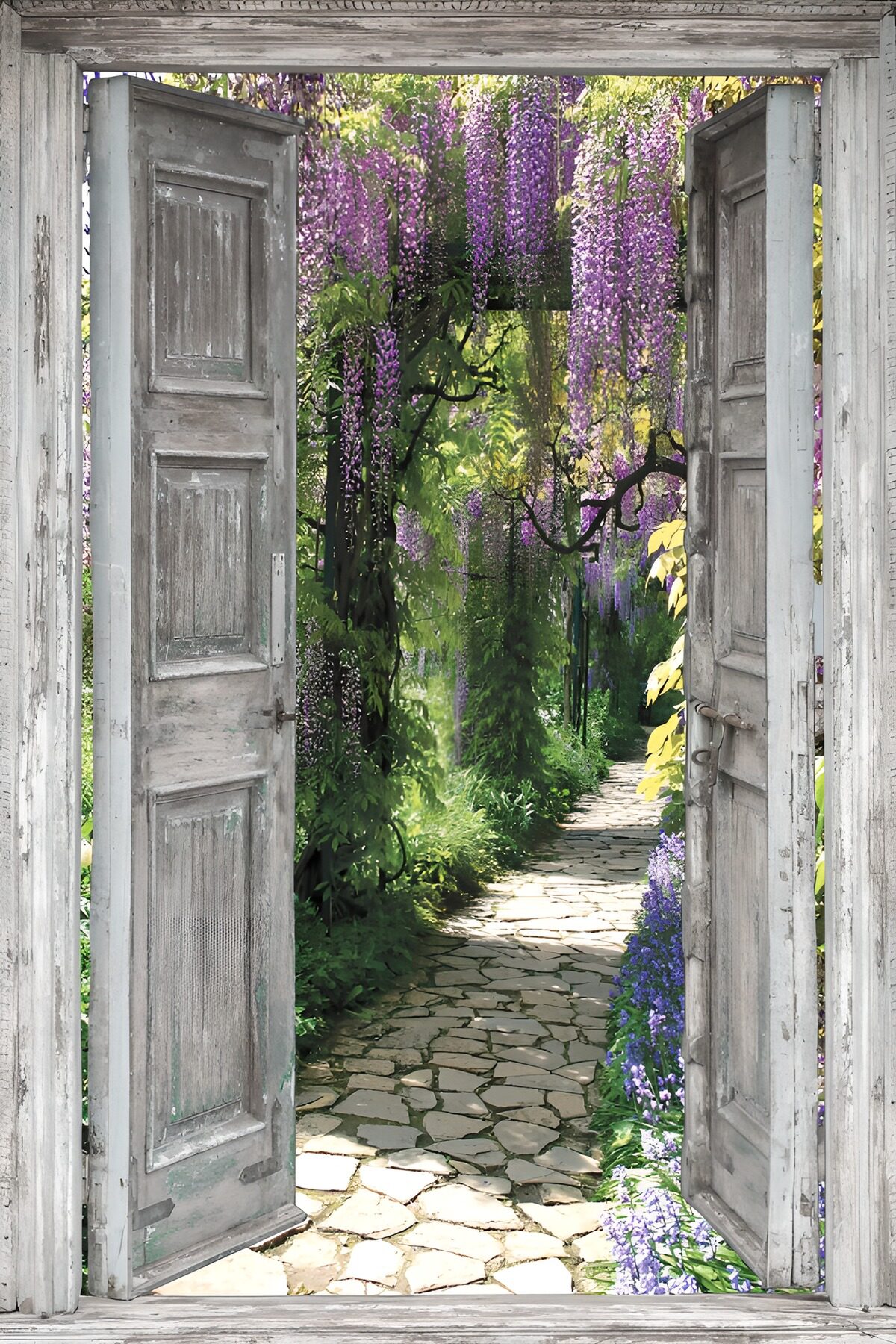 Open wooden doors to a wisteria garden