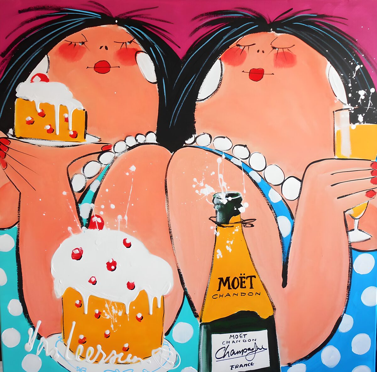 Two women, cake and champagne cheer