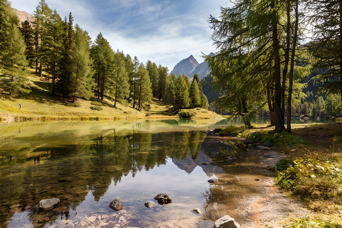 Mountain lake with sunlit shores