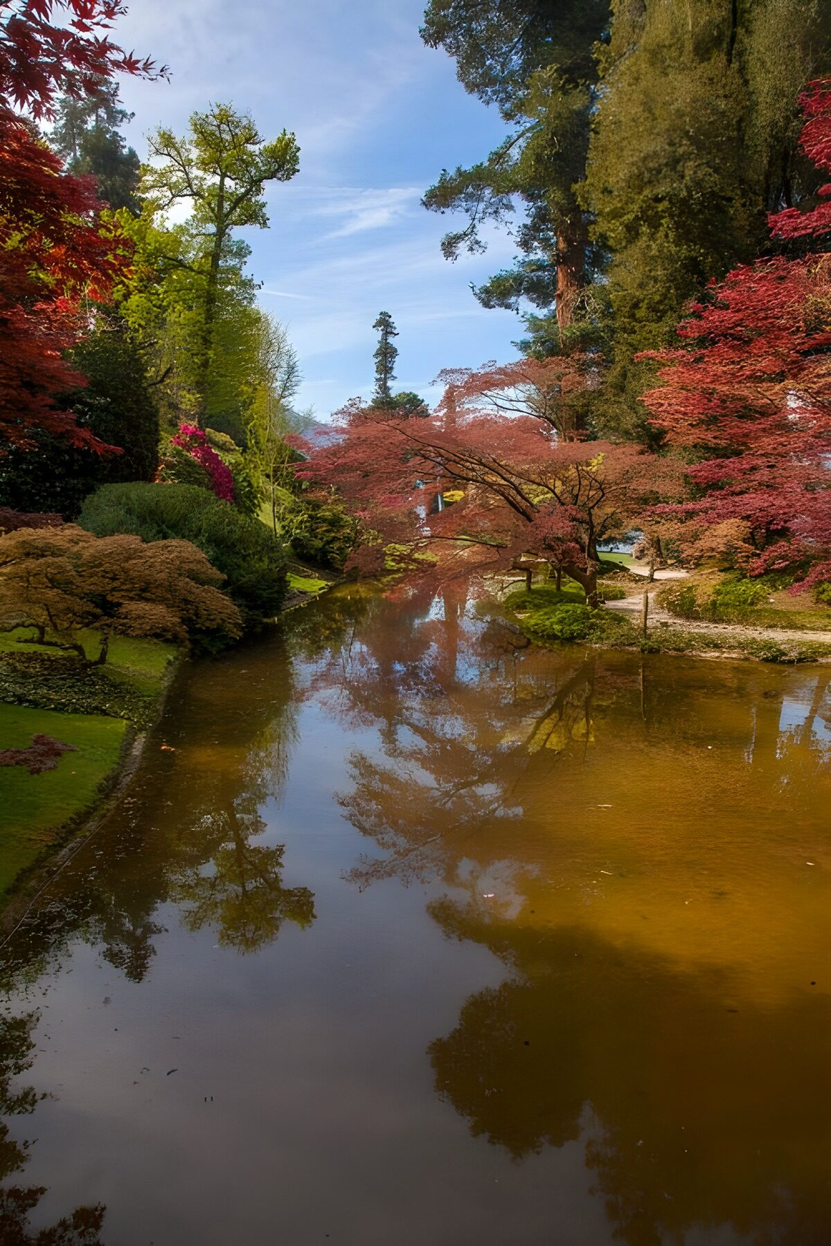 Red maples by a quiet garden pond