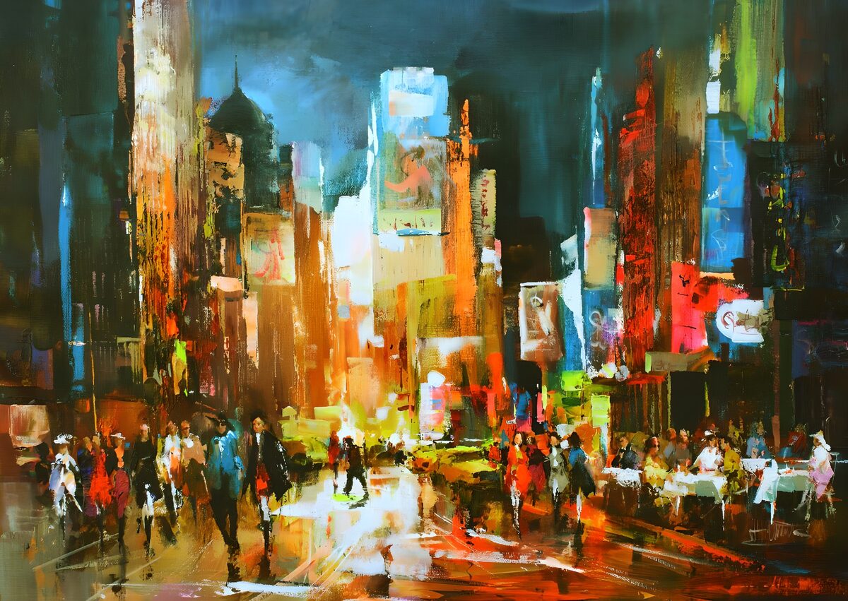 Crowds on a neon-lit city street