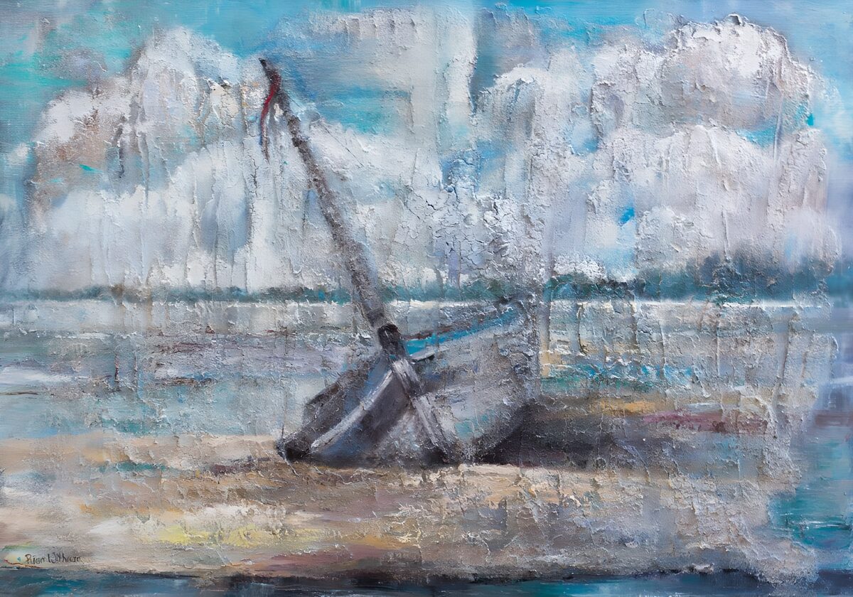 Abstract sailboats in cool blue