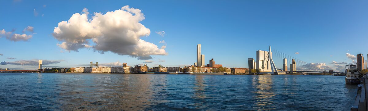 Erasmus Bridge and a sunlit skyline