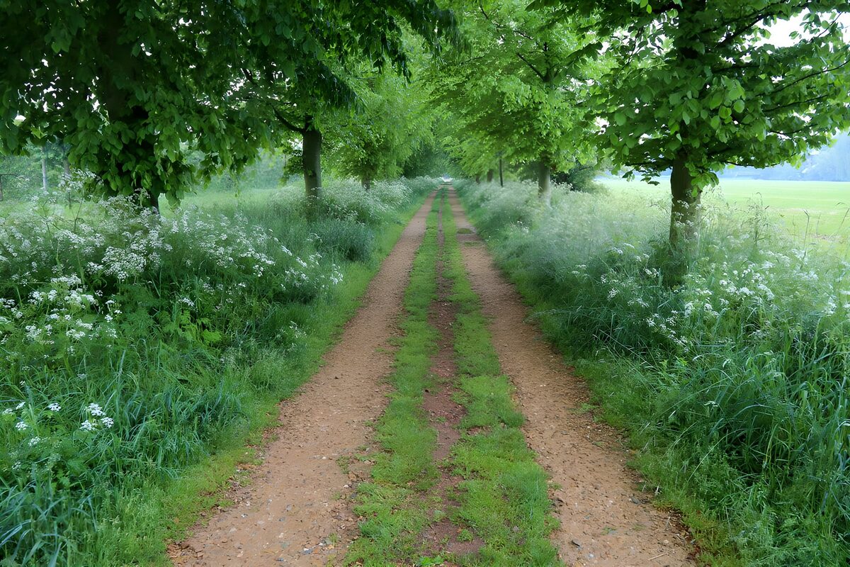 Quiet country lane beneath leafy trees