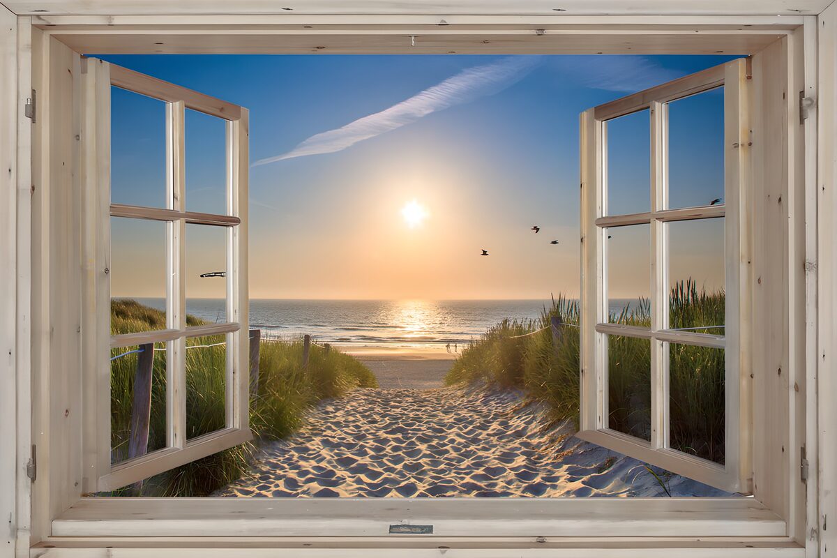 Open window onto dunes and a sunlit sea
