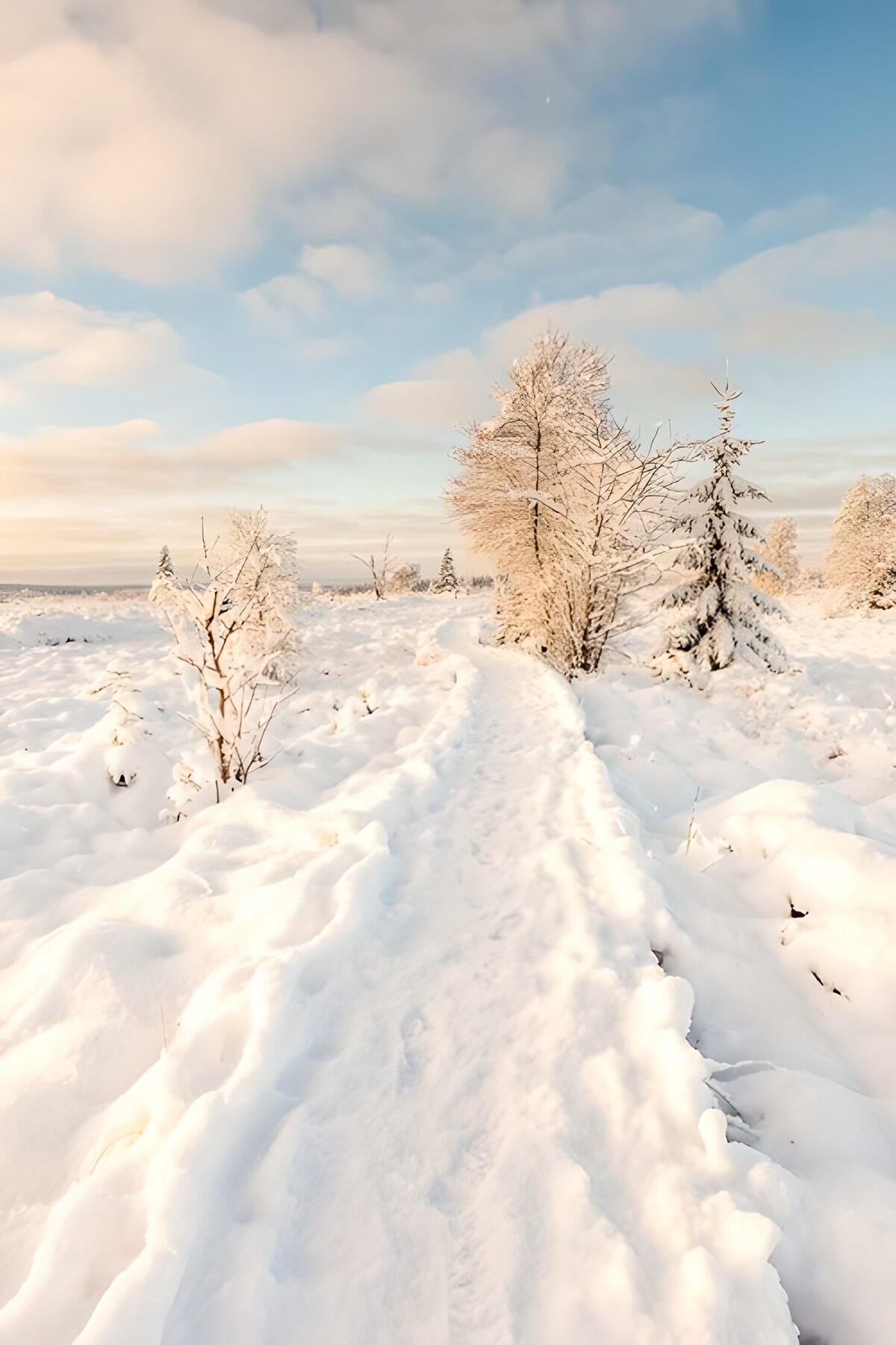 Snowy path and trees in soft winter light