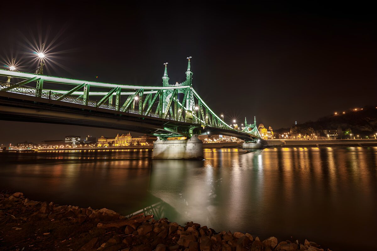 Liberty Bridge lit up at night