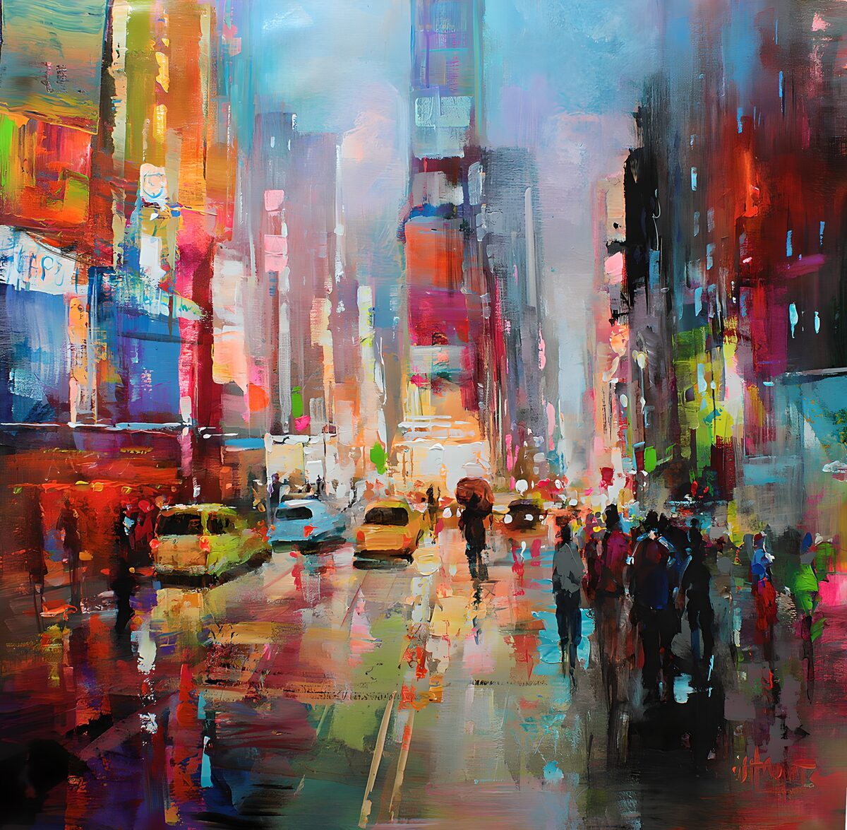 Rain-soaked street with yellow taxis