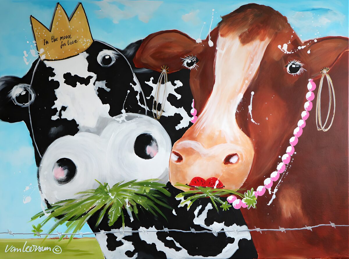 Two cows in a crown and pink beads