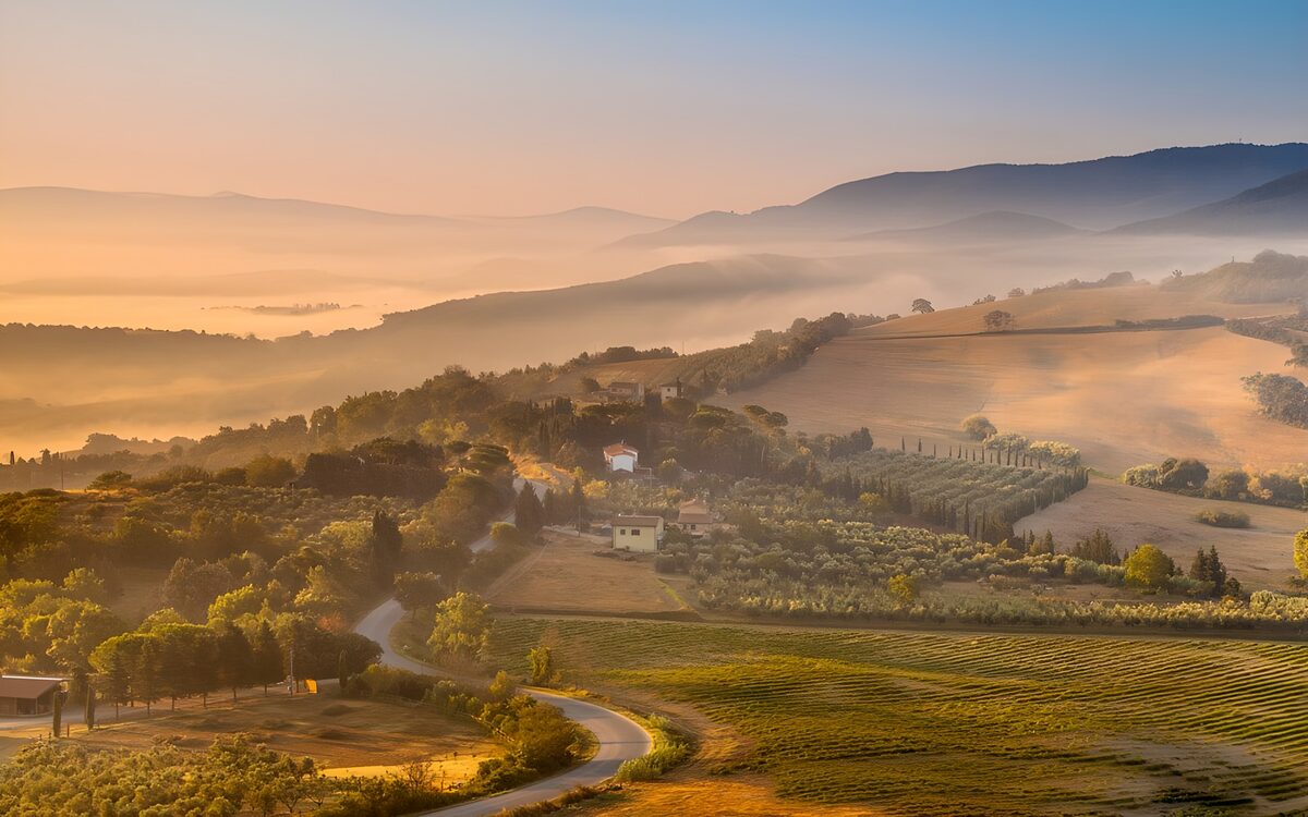 Winding road through sunlit, misty hills