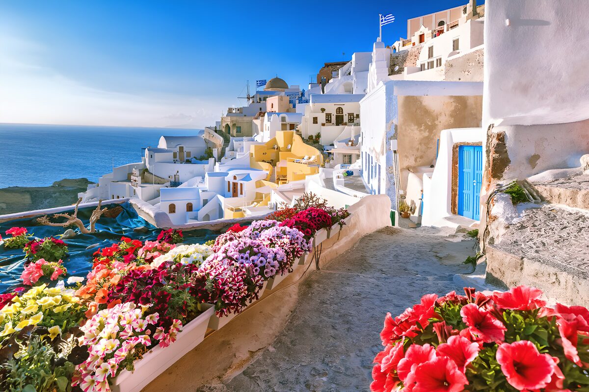Flower-lined lane above the blue sea