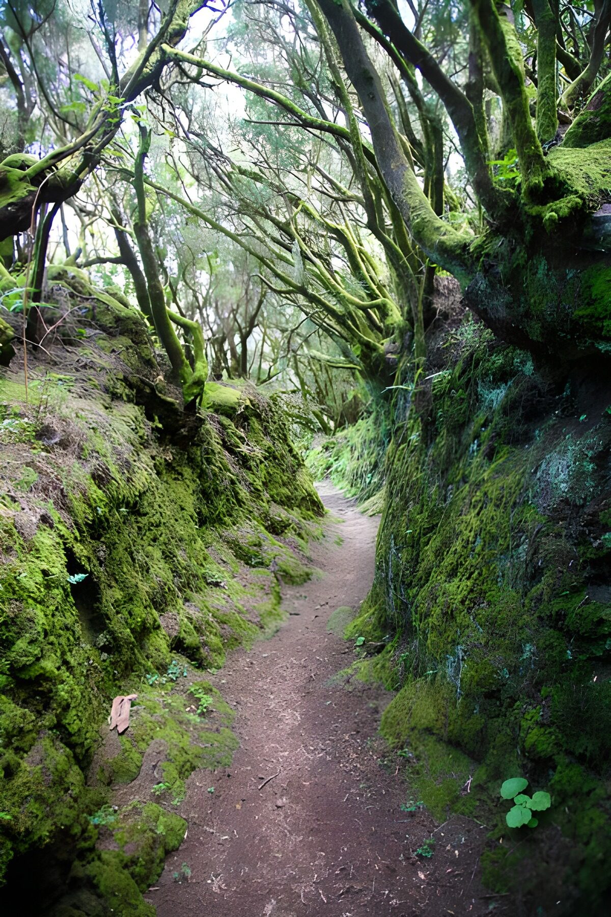 Quiet forest path between mossy rocks