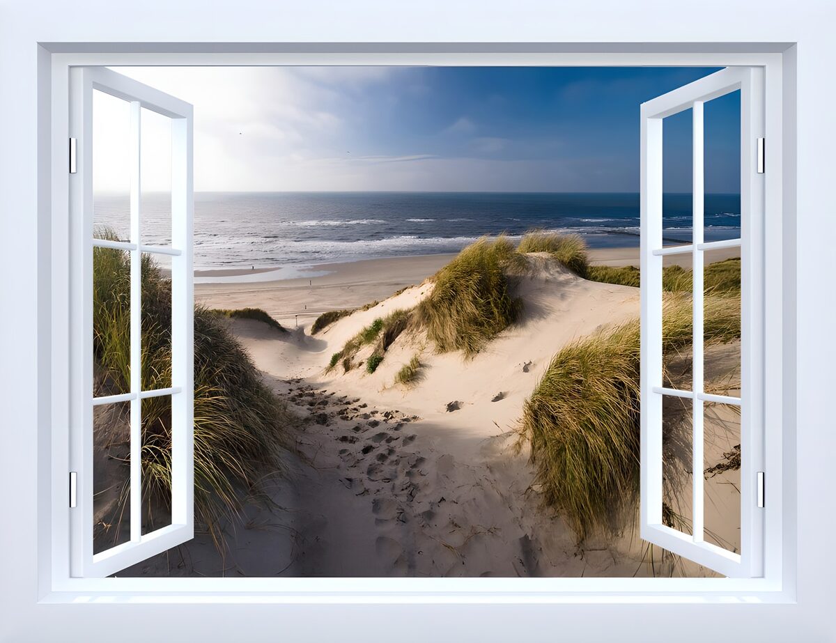 Open window onto dunes and blue sea