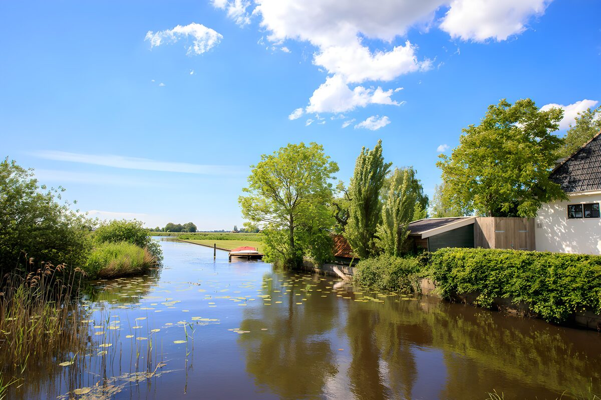 White house beside a quiet rural waterway