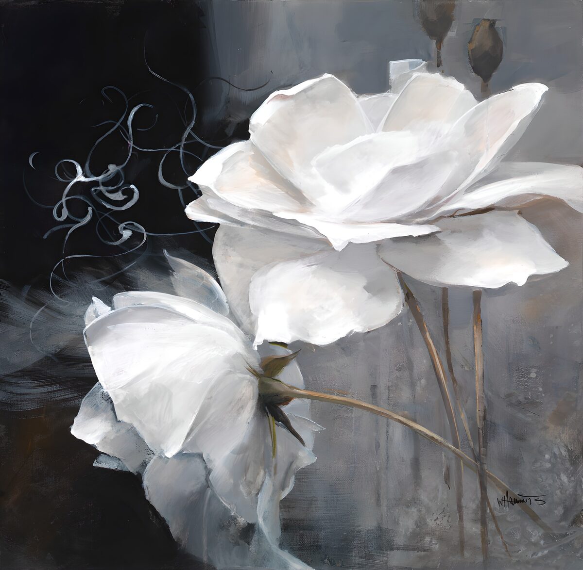 White flowers on a charcoal ground