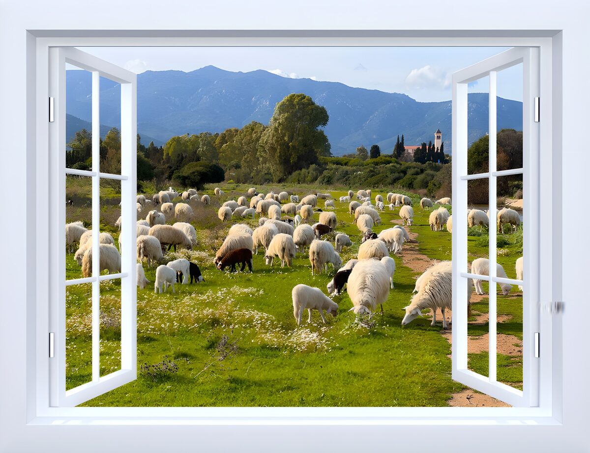 Open window onto a sunlit sheep meadow