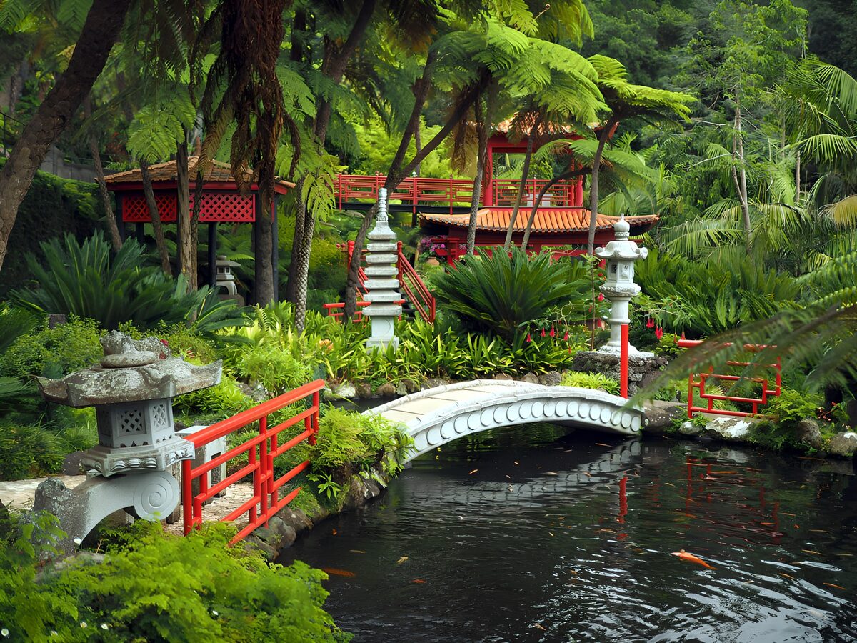 Red-railed bridge over a quiet garden pond