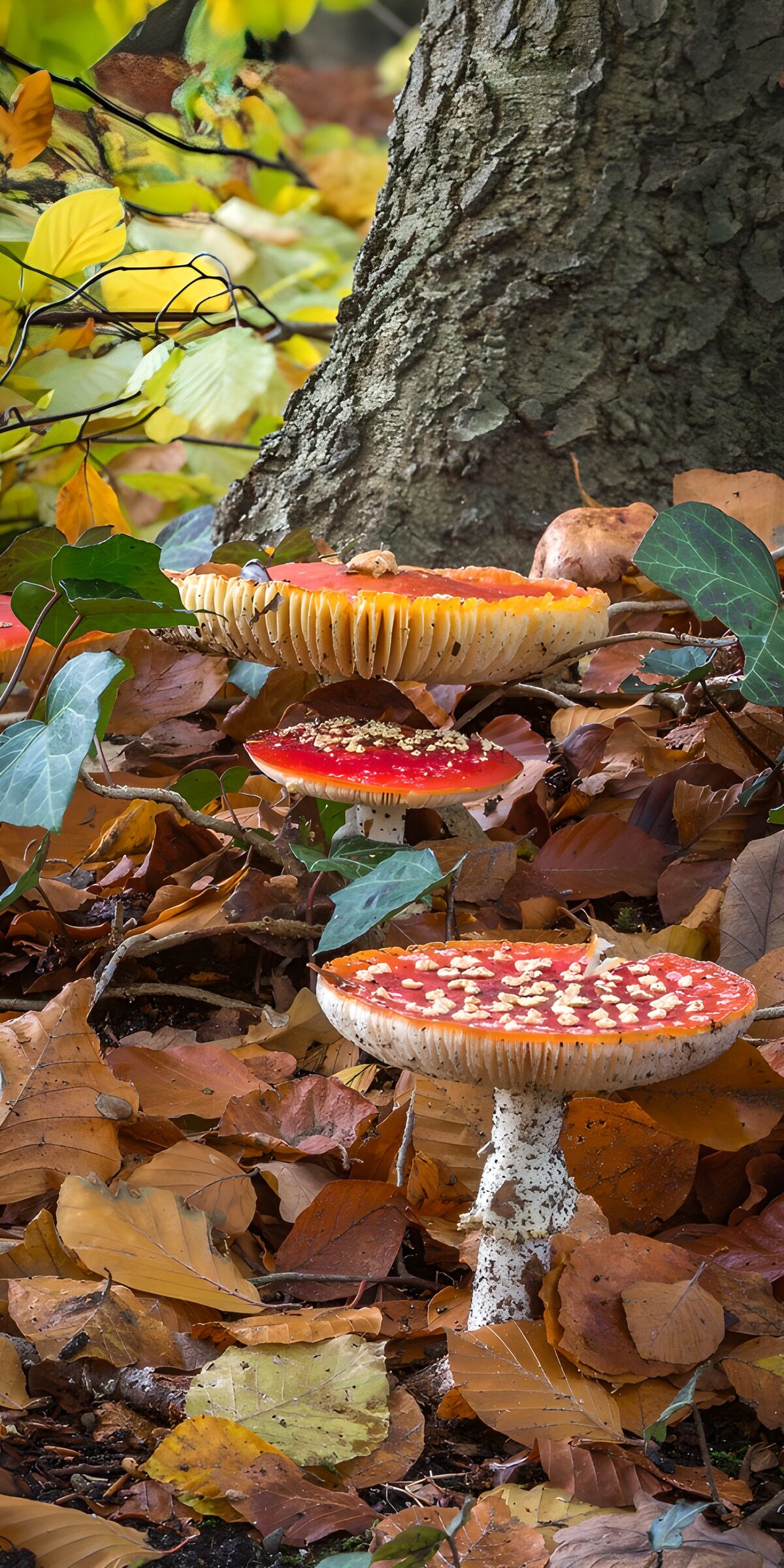 Fly agarics among autumn leaves