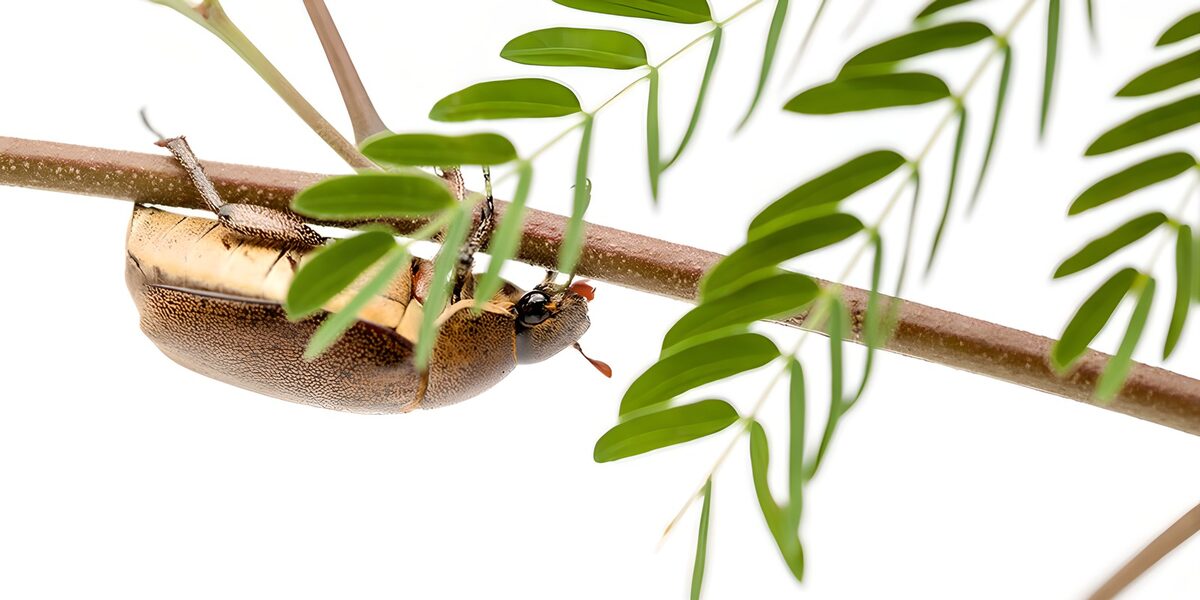 Golden beetle beneath a leafy branch