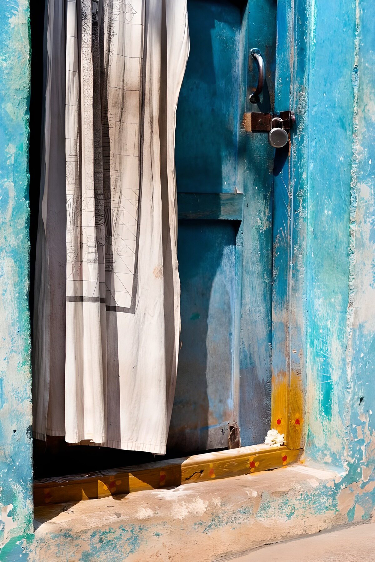 Weathered turquoise door in bright sunlight