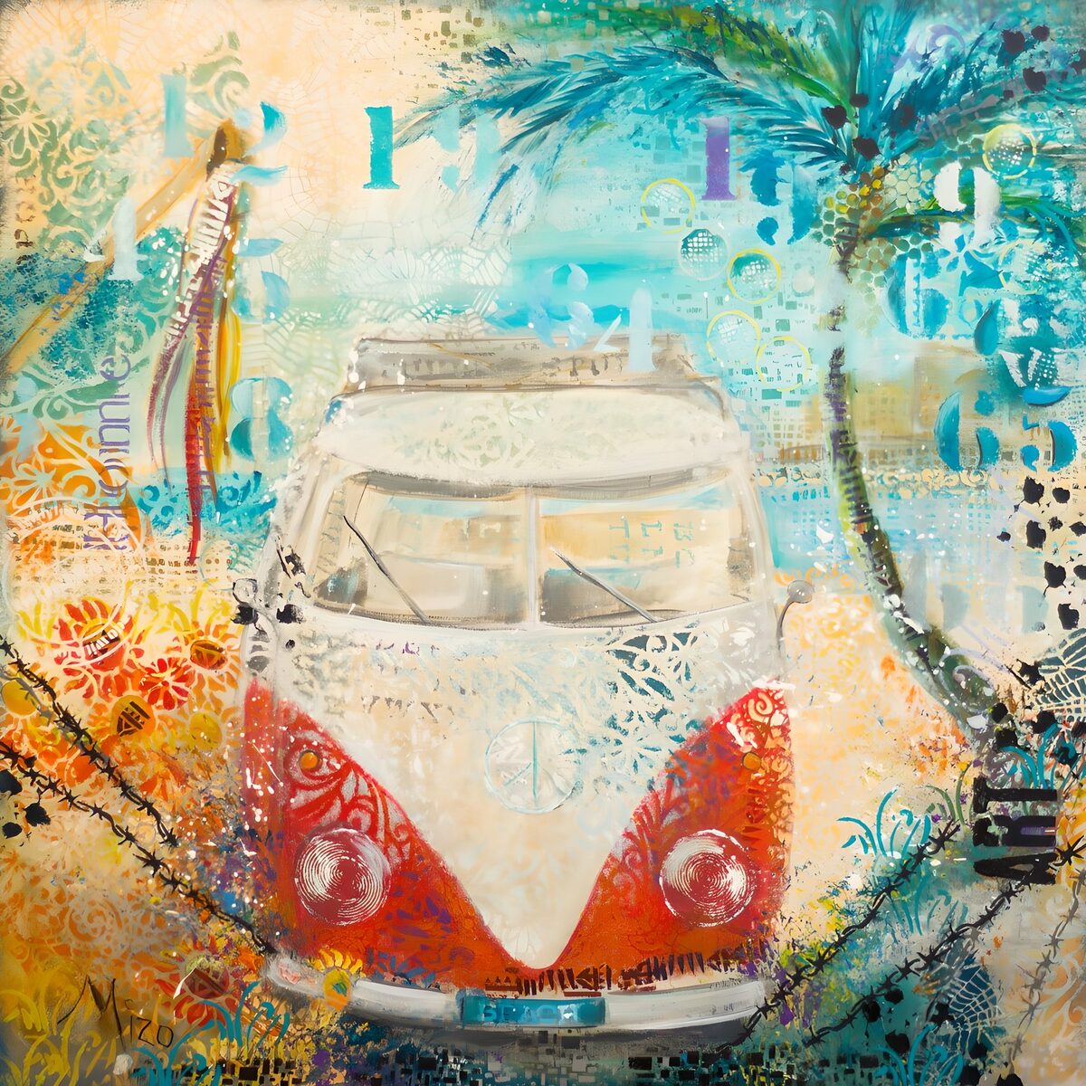 Red and cream camper in a colour collage