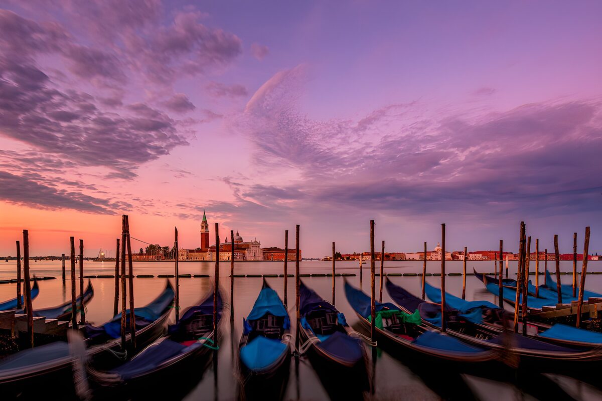 Gondolas at sunset in Venice