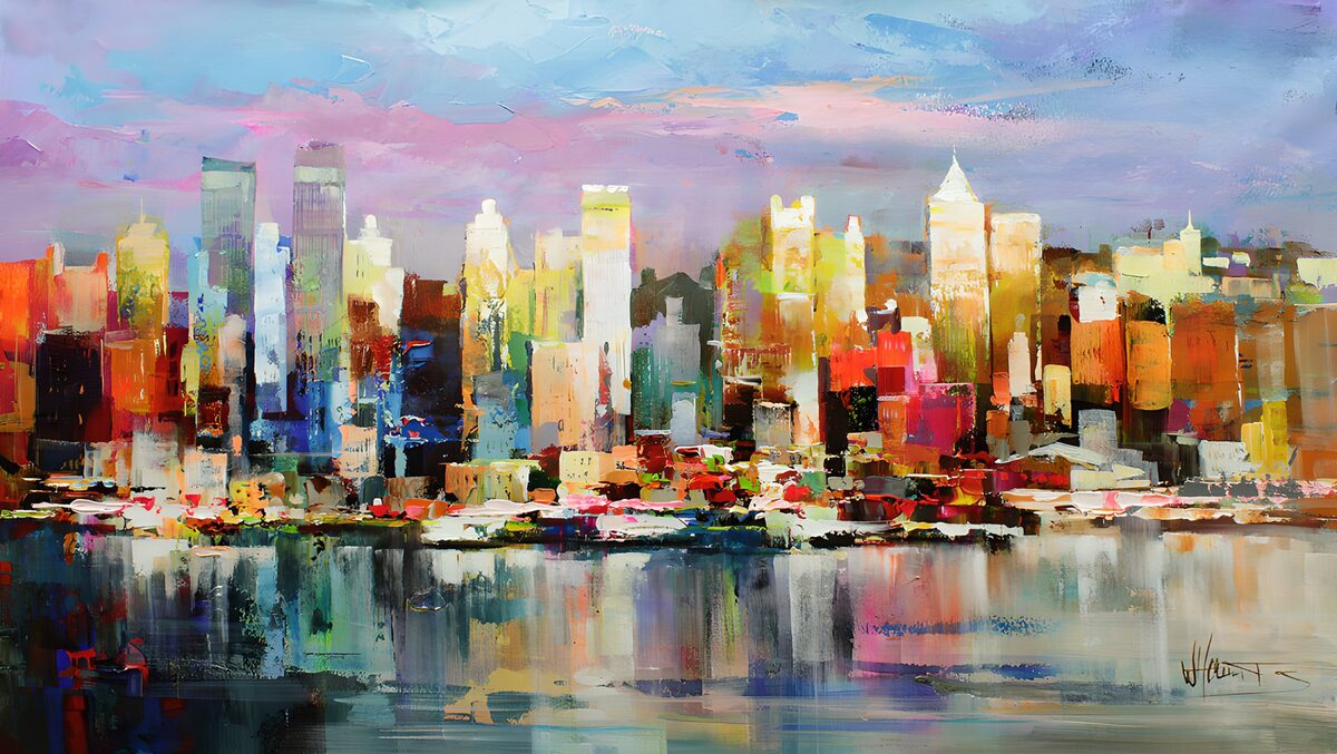 Colourful skyline mirrored in calm water