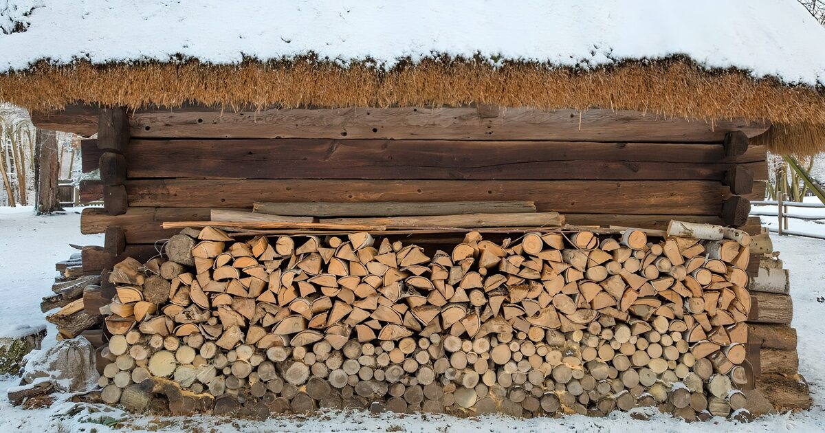 Stacked firewood beneath snowy thatch