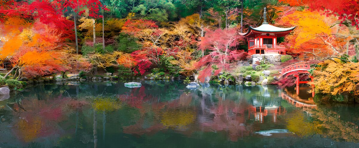 Still autumn pond with a red pavilion